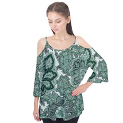 Green Ornament Texture, Green Flowers Retro Background Flutter Sleeve T-shirt 