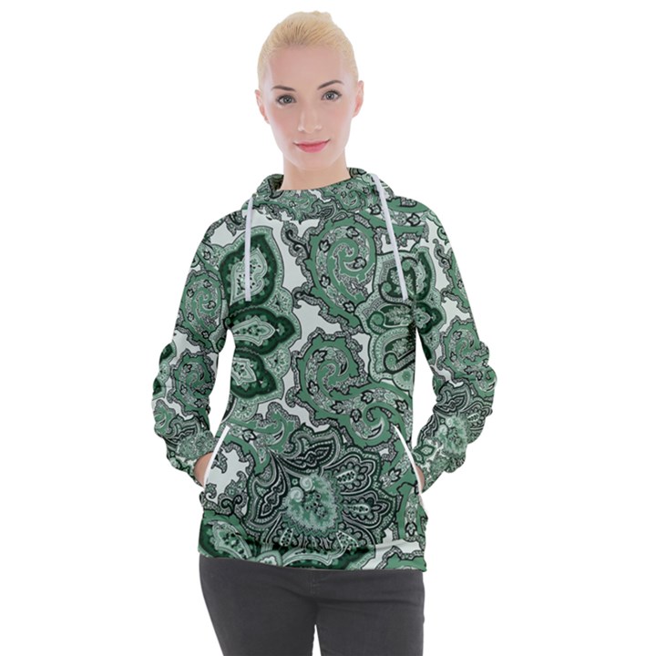 Green Ornament Texture, Green Flowers Retro Background Women s Hooded Pullover