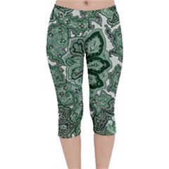 Green Ornament Texture, Green Flowers Retro Background Velvet Capri Leggings  by nateshop