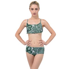 Green Ornament Texture, Green Flowers Retro Background Layered Top Bikini Set by nateshop