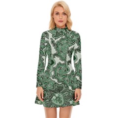 Green Ornament Texture, Green Flowers Retro Background Long Sleeve Velour Longline Dress by nateshop