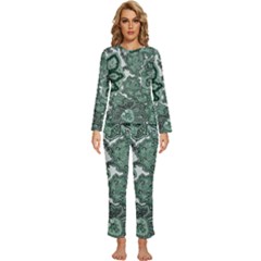 Green Ornament Texture, Green Flowers Retro Background Womens  Long Sleeve Lightweight Pajamas Set by nateshop