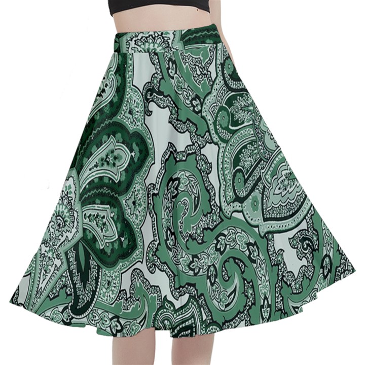 Green Ornament Texture, Green Flowers Retro Background A-Line Full Circle Midi Skirt With Pocket