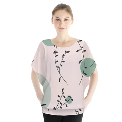 Plants Pattern Design Branches Branch Leaves Botanical Boho Bohemian Texture Drawing Circles Nature Batwing Chiffon Blouse by Maspions