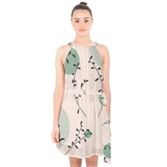 Plants Pattern Design Branches Branch Leaves Botanical Boho Bohemian Texture Drawing Circles Nature Halter Collar Waist Tie Chiffon Dress