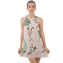 Plants Pattern Design Branches Branch Leaves Botanical Boho Bohemian Texture Drawing Circles Nature Halter Tie Back Chiffon Dress