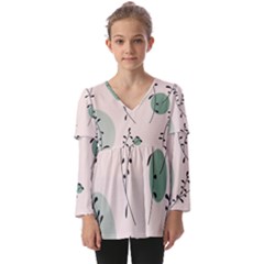 Plants Pattern Design Branches Branch Leaves Botanical Boho Bohemian Texture Drawing Circles Nature Kids  V Neck Casual Top