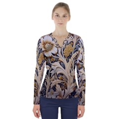 Flower Floral Pattern Floral Digital Spring Flora Botanical Blossom Bloom Vintage V-neck Long Sleeve Top