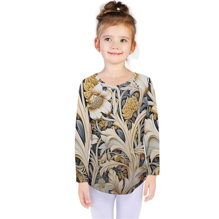 Flower Floral Pattern Floral Digital Spring Flora Botanical Blossom Bloom Vintage Kids  Long Sleeve T-Shirt