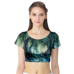 Trees Forest Mystical Forest Background Landscape Nature Short Sleeve Crop Top