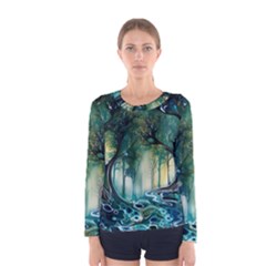 Trees Forest Mystical Forest Background Landscape Nature Women s Long Sleeve T-shirt