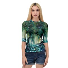 Trees Forest Mystical Forest Background Landscape Nature Quarter Sleeve Raglan T-shirt