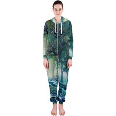 Trees Forest Mystical Forest Background Landscape Nature Hooded Jumpsuit (ladies)