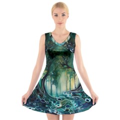 Trees Forest Mystical Forest Background Landscape Nature V-neck Sleeveless Dress