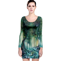 Trees Forest Mystical Forest Background Landscape Nature Long Sleeve Velvet Bodycon Dress