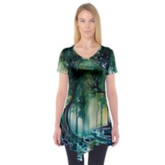 Trees Forest Mystical Forest Background Landscape Nature Short Sleeve Tunic 