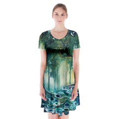 Trees Forest Mystical Forest Background Landscape Nature Short Sleeve V-neck Flare Dress