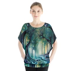 Trees Forest Mystical Forest Background Landscape Nature Batwing Chiffon Blouse