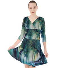 Trees Forest Mystical Forest Background Landscape Nature Quarter Sleeve Front Wrap Dress