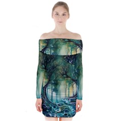 Trees Forest Mystical Forest Background Landscape Nature Long Sleeve Off Shoulder Dress