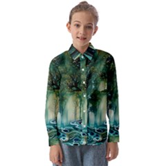 Trees Forest Mystical Forest Background Landscape Nature Kids  Long Sleeve Shirt