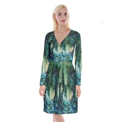 Trees Forest Mystical Forest Background Landscape Nature Long Sleeve Velvet Front Wrap Dress