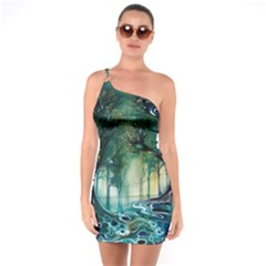 Trees Forest Mystical Forest Background Landscape Nature One Shoulder Ring Trim Bodycon Dress by Maspions