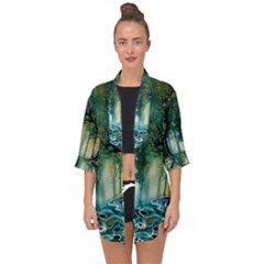 Trees Forest Mystical Forest Background Landscape Nature Open Front Chiffon Kimono by Maspions