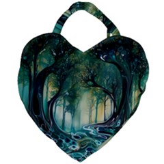 Trees Forest Mystical Forest Background Landscape Nature Giant Heart Shaped Tote by Maspions