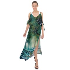 Trees Forest Mystical Forest Background Landscape Nature Maxi Chiffon Cover Up Dress