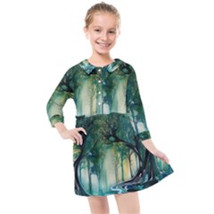 Trees Forest Mystical Forest Background Landscape Nature Kids  Quarter Sleeve Shirt Dress