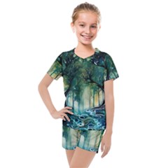 Trees Forest Mystical Forest Background Landscape Nature Kids  Mesh T-shirt And Shorts Set