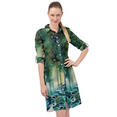 Trees Forest Mystical Forest Background Landscape Nature Long Sleeve Mini Shirt Dress