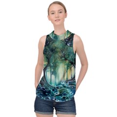 Trees Forest Mystical Forest Background Landscape Nature High Neck Satin Top