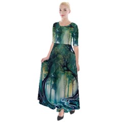 Trees Forest Mystical Forest Background Landscape Nature Half Sleeves Maxi Dress