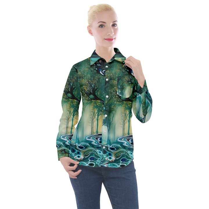 Trees Forest Mystical Forest Background Landscape Nature Women s Long Sleeve Pocket Shirt