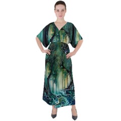 Trees Forest Mystical Forest Background Landscape Nature V-neck Boho Style Maxi Dress by Maspions