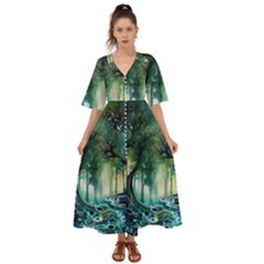 Trees Forest Mystical Forest Background Landscape Nature Kimono Sleeve Boho Dress