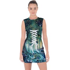 Trees Forest Mystical Forest Background Landscape Nature Lace Up Front Bodycon Dress by Maspions