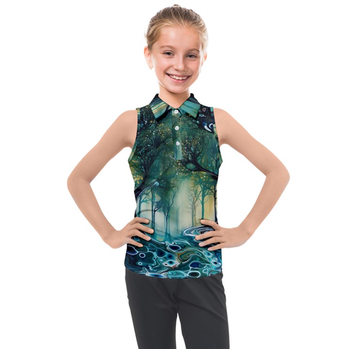 Trees Forest Mystical Forest Background Landscape Nature Kids  Sleeveless Polo T-Shirt