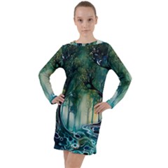 Trees Forest Mystical Forest Background Landscape Nature Long Sleeve Hoodie Dress