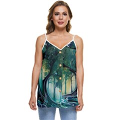 Trees Forest Mystical Forest Background Landscape Nature Casual Spaghetti Strap Chiffon Top