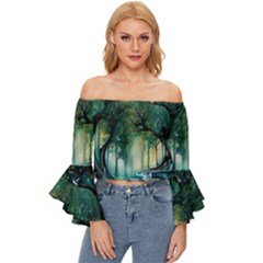 Trees Forest Mystical Forest Background Landscape Nature Off Shoulder Flutter Bell Sleeve Top