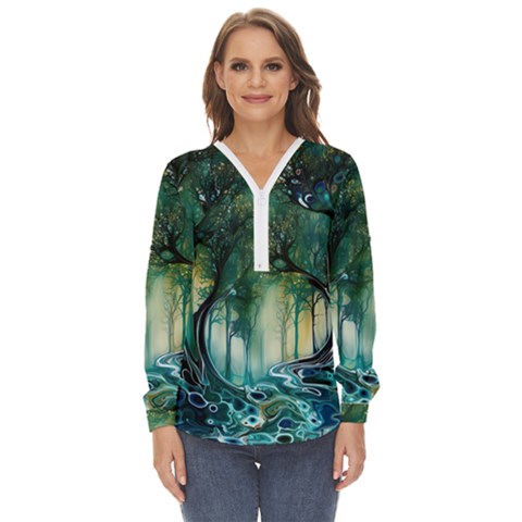 Trees Forest Mystical Forest Background Landscape Nature Zip Up Long Sleeve Blouse by Maspions