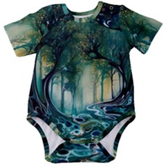 Trees Forest Mystical Forest Background Landscape Nature Baby Short Sleeve Bodysuit by Maspions