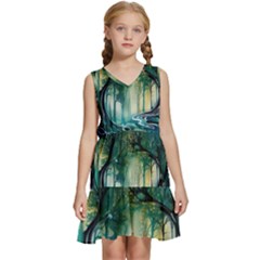 Trees Forest Mystical Forest Background Landscape Nature Kids  Sleeveless Tiered Mini Dress