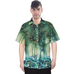 Trees Forest Mystical Forest Background Landscape Nature Men s Hawaii Shirt