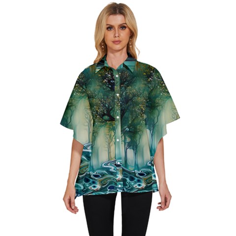 Trees Forest Mystical Forest Background Landscape Nature Women s Batwing Button Up Shirt by Maspions