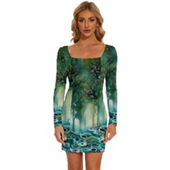 Trees Forest Mystical Forest Background Landscape Nature Long Sleeve Square Neck Bodycon Velvet Dress