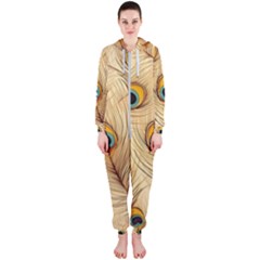 Vintage Peacock Feather Peacock Feather Pattern Background Nature Bird Nature Hooded Jumpsuit (ladies)